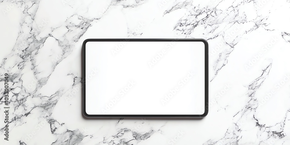 Poster a tablet with a blank screen rests on a white marble surface.