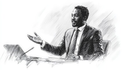 Engaging African Businessman Presenting to Diverse Colleagues in Handwritten Word Illustration
