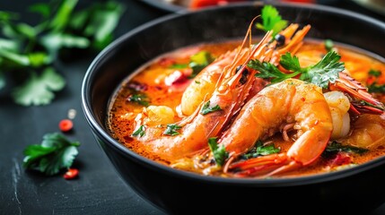 Shrimp Soup in Black Bowl with Fresh Herbs