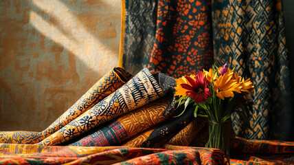 Colorful Kwanzaa textiles with floral decoration set against a warm, textured wall background