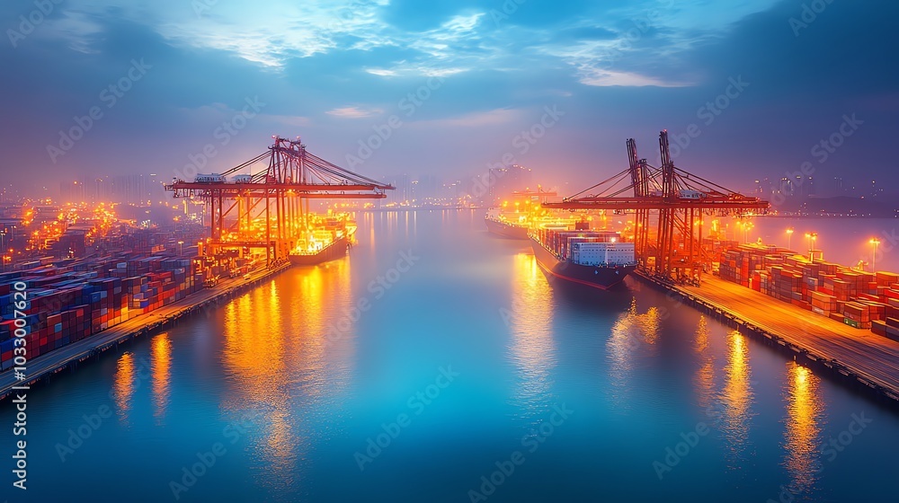Poster A busy harbor at dusk, with cargo ships and cranes loading and unloading containers.