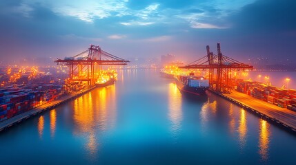 Fototapeta premium A busy harbor at dusk, with cargo ships and cranes loading and unloading containers.