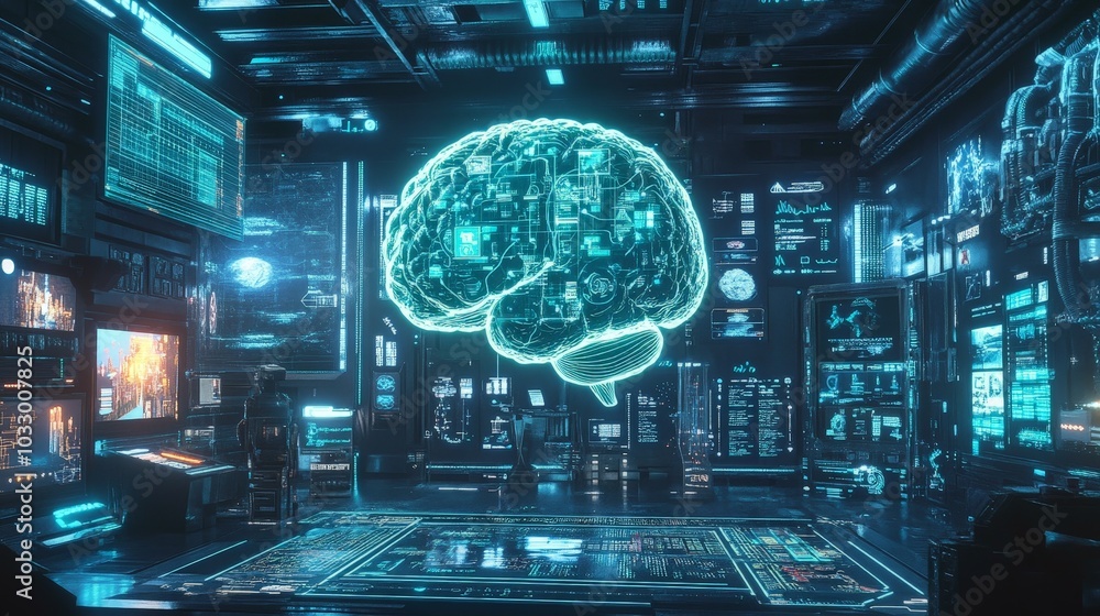 Poster an ai brain linked to various digital profiles, displaying personalized options for daily tasks, hea