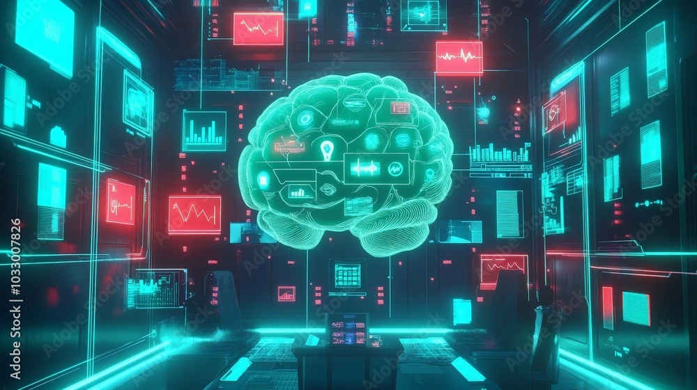 Poster an ai brain linked to various digital profiles, displaying personalized options for daily tasks, hea