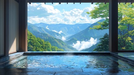 Serene Japanese onsen with mountain view