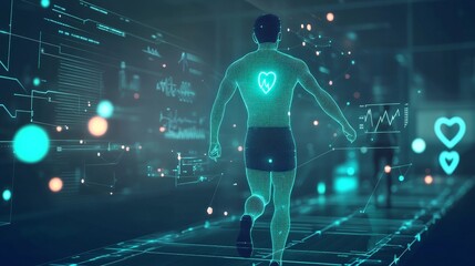 An AI-generated personalized health interface, with glowing data points representing different metrics like heart rate and fitness goals.