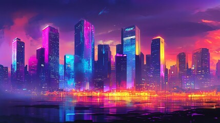Obraz premium A vibrant cityscape with neon lights reflecting in the water at sunset.