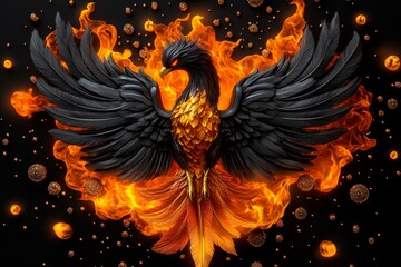 Obraz premium Realistic phoenix rising from flames, with intricate feather details and vibrant fire effects
