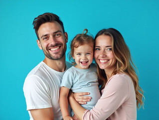 Fototapeta premium happy family isolated on blue color background studio portrait