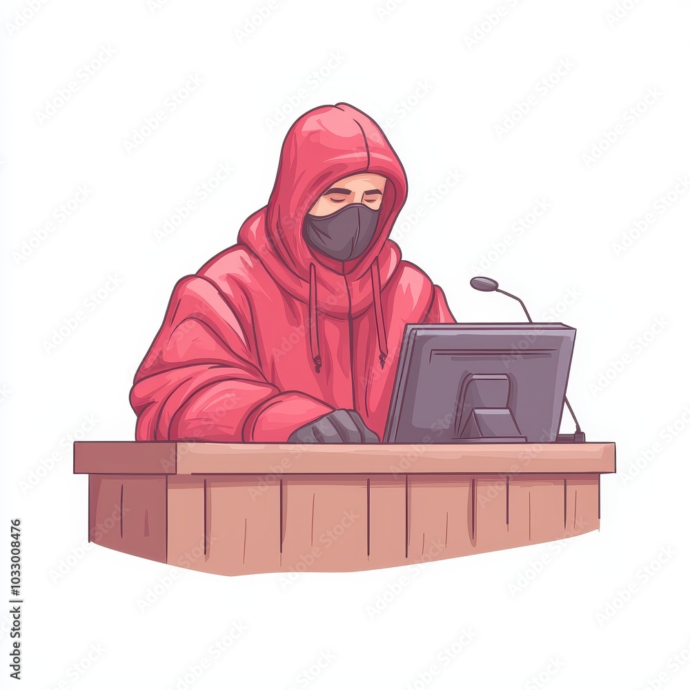 Poster description a masked figure in a red hoodie sits at a desk, focused on a computer, suggesting themes