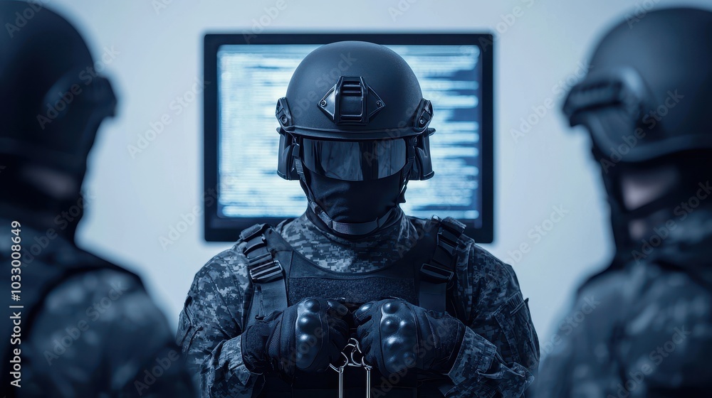 Poster a tactical team in dark uniforms stands in front of a computer screen, focusing on an operation whil