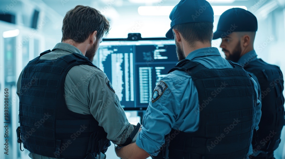 Poster three uniformed officers observe a digital screen, checking data in a high-tech setting, highlightin
