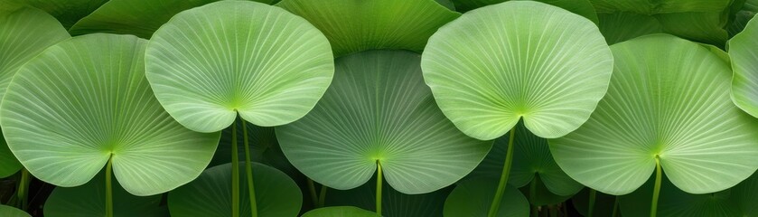 A closeup view of large green lotus leaves overlapping, showcasing their detailed texture and vibrant natural shades of green..