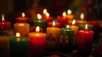 Colorful Kwanzaa candles glowing warmly during a festive celebration in a cozy indoor setting