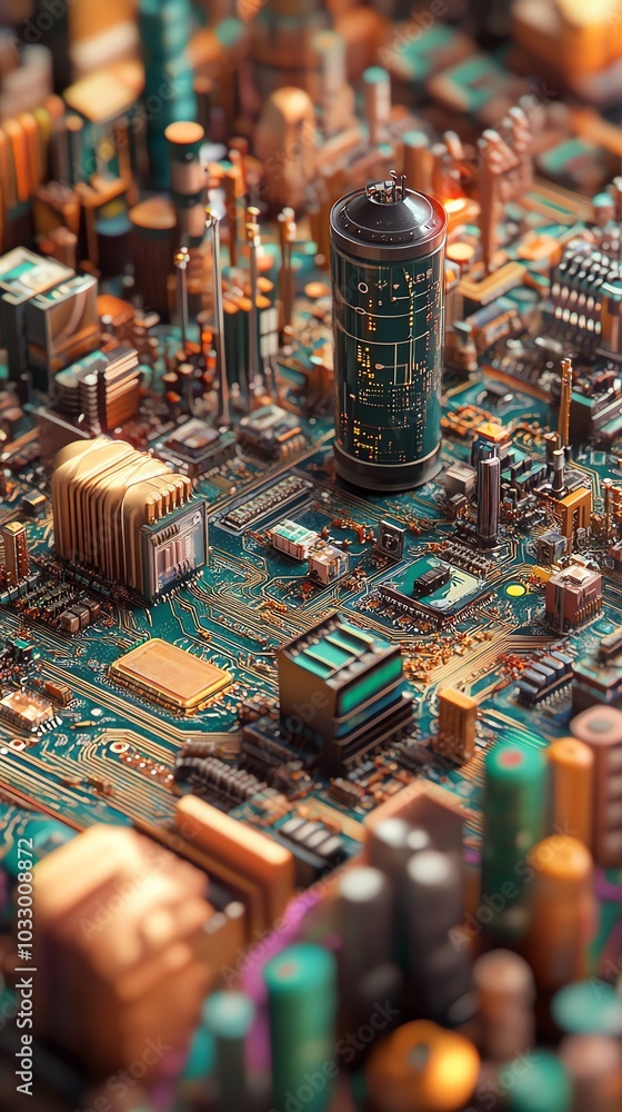 Aufkleber A close-up view of a circuit board with various components, including a large capacitor in the center. The board is lit by a warm light, highlighting the details of the components.