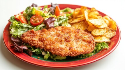 Crispy Fried Meat Cutlet with Vibrant Salad and Chips