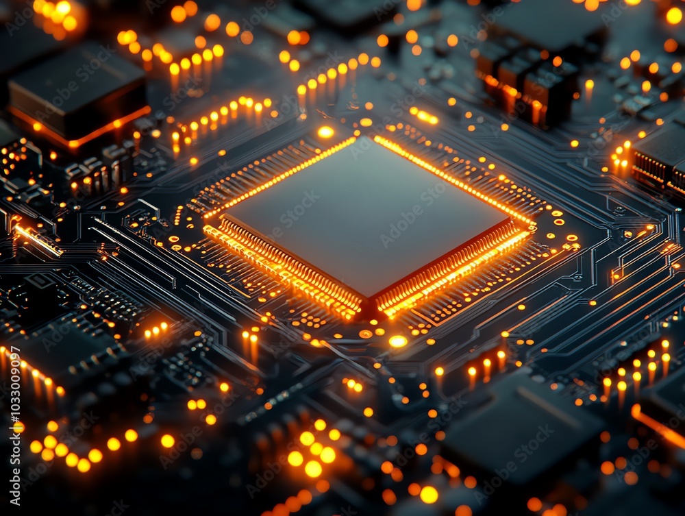 Aufkleber A close-up of a computer chip with glowing lights on a circuit board.