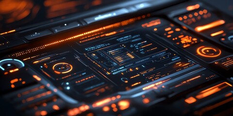 Obraz premium Futuristic digital interface with glowing orange and blue lights.