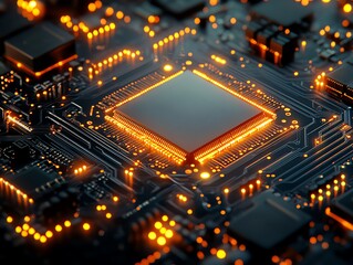 Fototapeta premium A close-up of a computer chip with glowing lights on a circuit board.