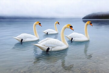 Fototapeta premium Soft watercolor painting of swans on a lake, with pastel blues and whites blending softly