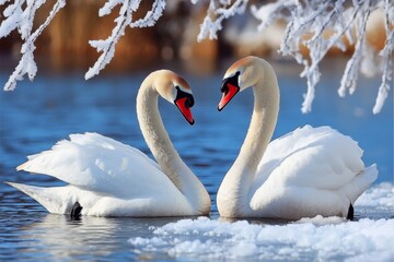 Obraz premium Soft watercolor painting of swans on a lake, with pastel blues and whites blending softly