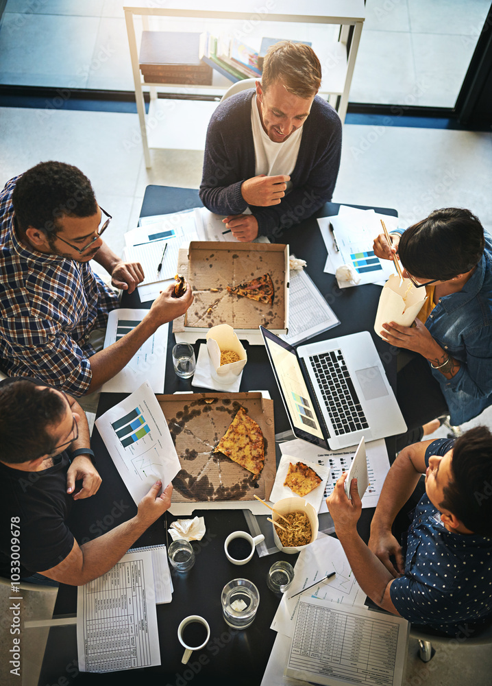 Poster creative, office and business people in meeting with fast food, laptop and collaboration from above.