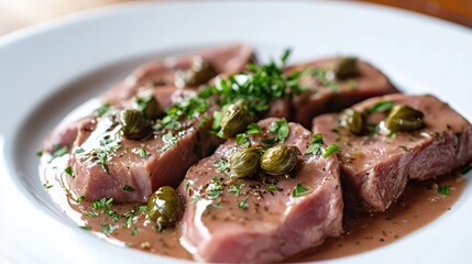 Vitello Tonnato Served on White Plate