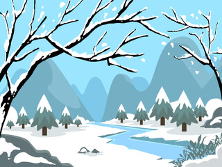 Nature trees forest background and snowing for winter season concept. Hand drawn isolated illustrations.