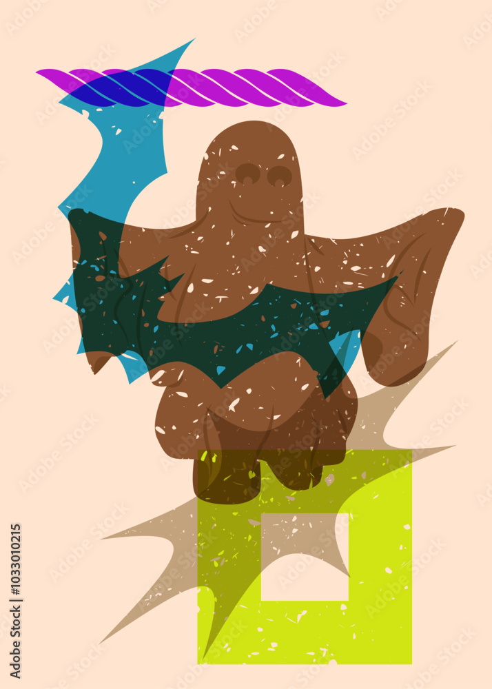 Poster risograph halloween bat and ghost with geometric shapes. objects in trendy riso graph print texture 
