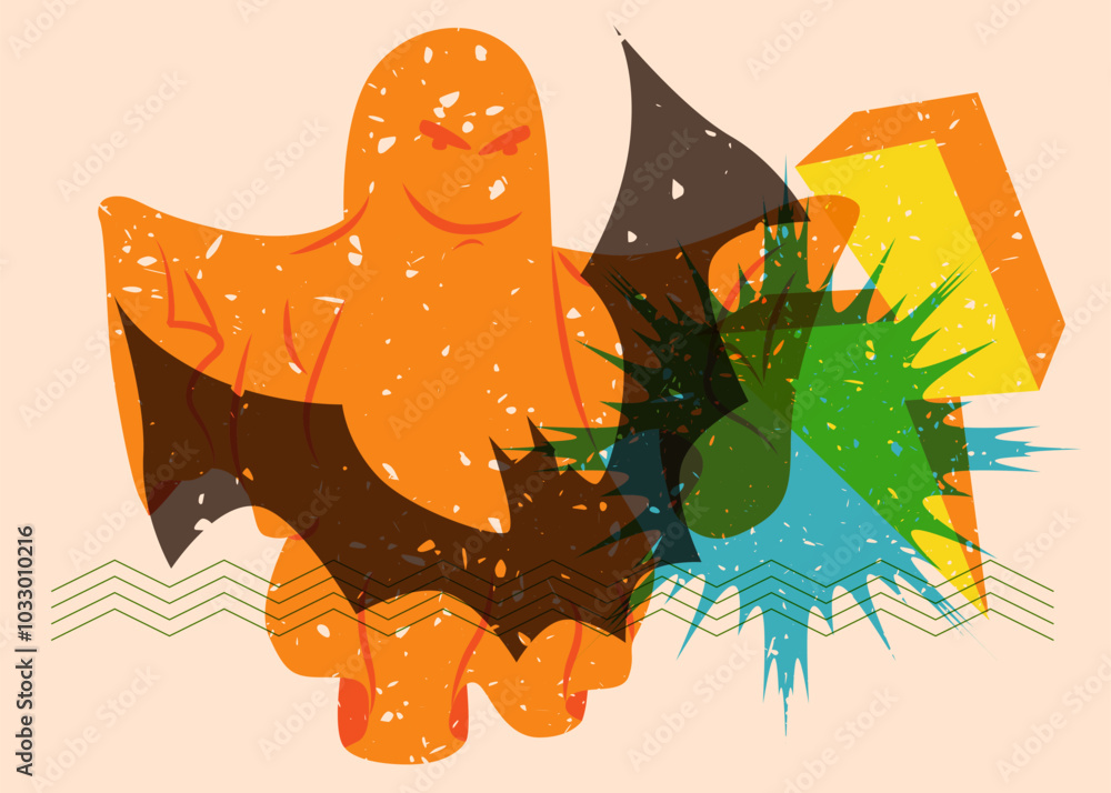 Poster risograph halloween bat and ghost with geometric shapes. objects in trendy riso graph print texture 