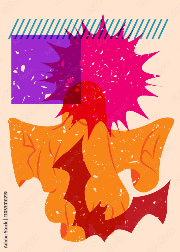 Poster risograph halloween bat and ghost with geometric shapes. objects in trendy riso graph print texture 