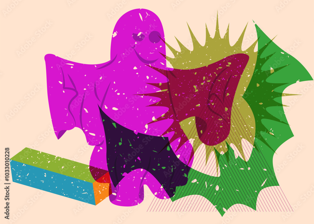 Poster risograph halloween bat and ghost with geometric shapes. objects in trendy riso graph print texture 