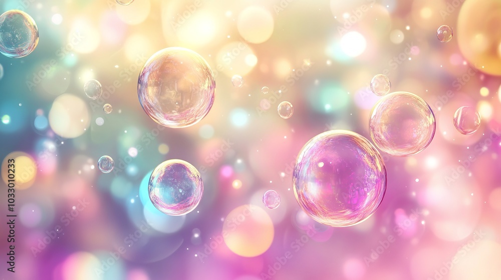 Poster colorful bubbles on abstract pastel background with bokeh effect, dreamy and whimsical atmosphere co