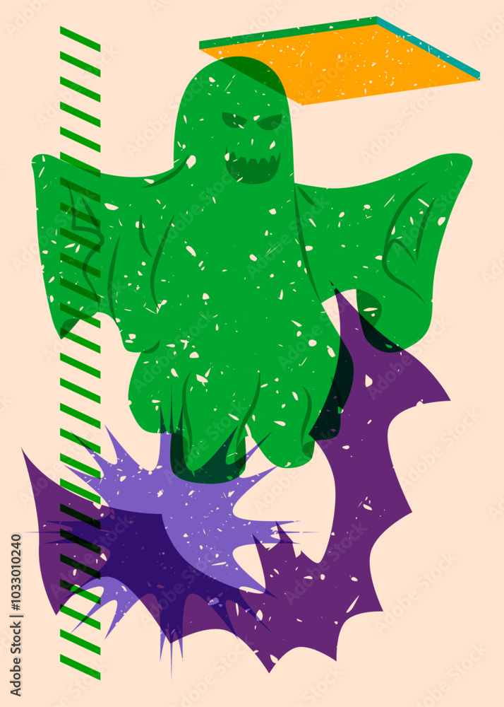 Poster risograph halloween bat and ghost with geometric shapes. objects in trendy riso graph print texture 