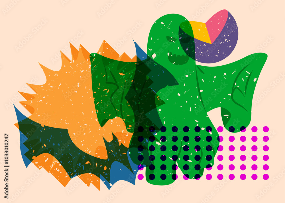 Poster risograph halloween bat and ghost with geometric shapes. objects in trendy riso graph print texture 