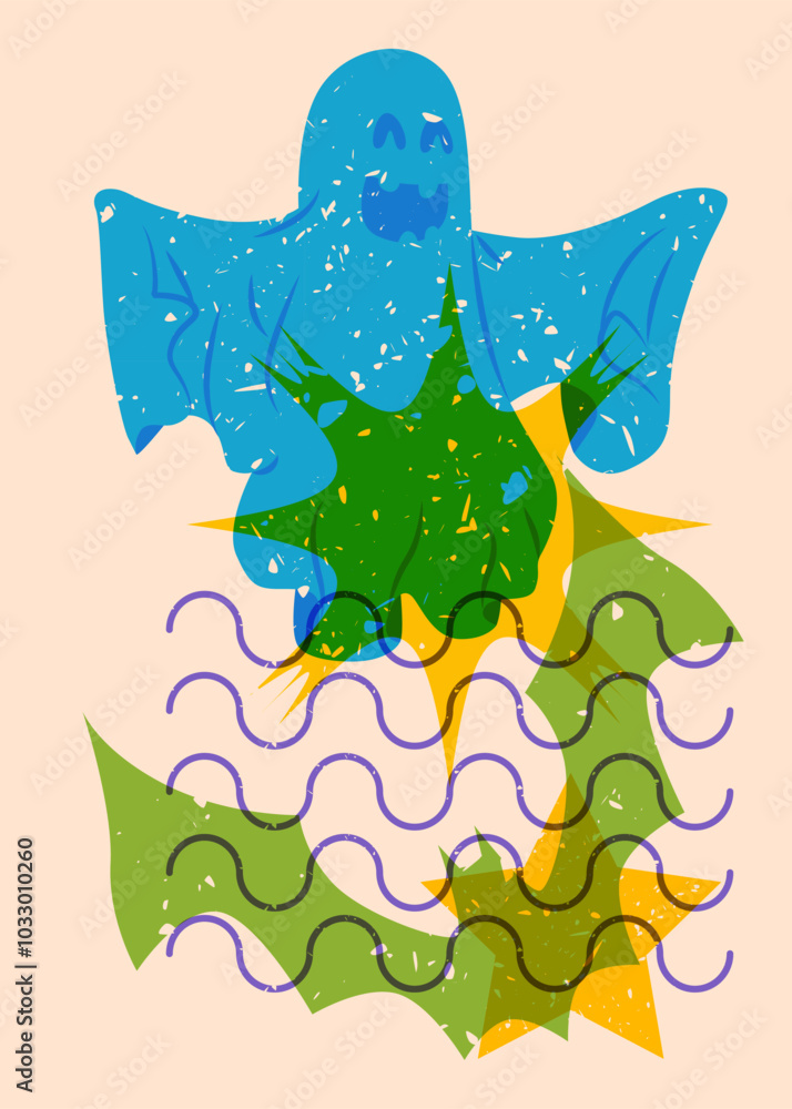 Poster risograph halloween bat and ghost with geometric shapes. objects in trendy riso graph print texture 
