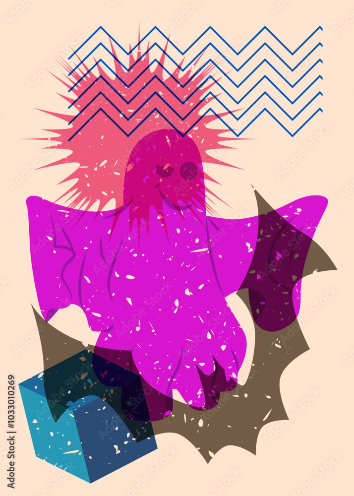 Poster risograph halloween bat and ghost with geometric shapes. objects in trendy riso graph print texture 