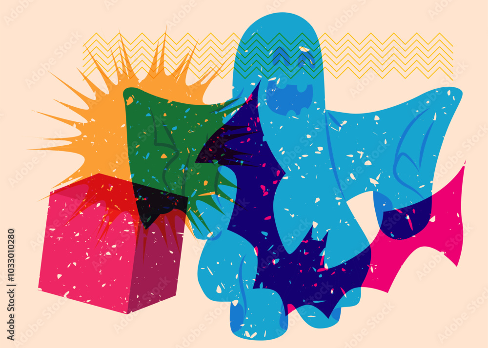 Poster risograph halloween bat and ghost with geometric shapes. objects in trendy riso graph print texture 