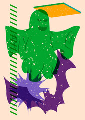 Risograph Halloween Bat and Ghost with geometric shapes. Objects in trendy riso graph print texture style design with geometry elements.