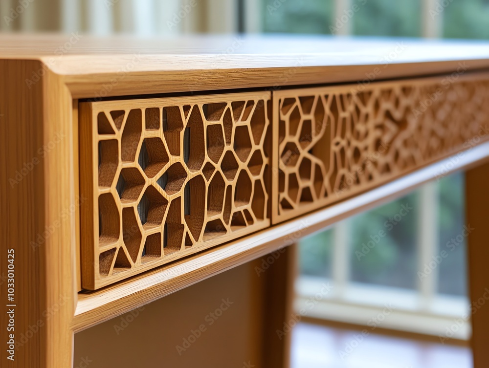 Aufkleber Close-up of a wooden desk with intricate geometric patterns carved into the drawer fronts.