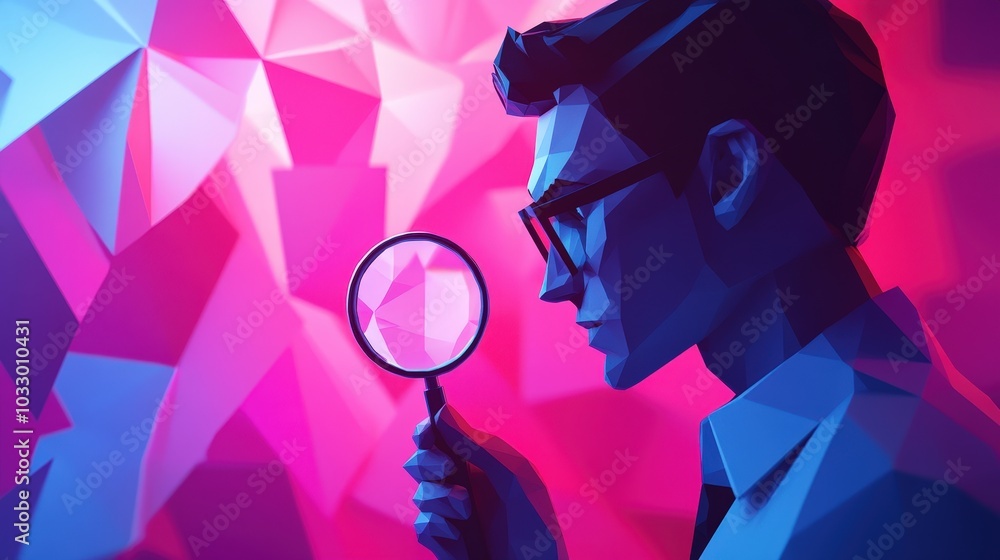 Poster auditor conducting fraud investigation with magnifying glass - game assets style divider icons for w