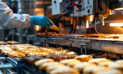 An industrial food production scene in a modern bakery, showcasing workers efficiently handling baked goods on a conveyor belt, highlighting the streamlined, high-tech baking process