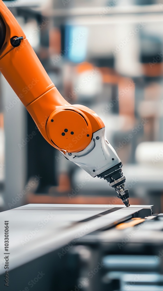 Fototapete an orange robotic arm with a white end effector is shown in close up as it reaches down to an assemb