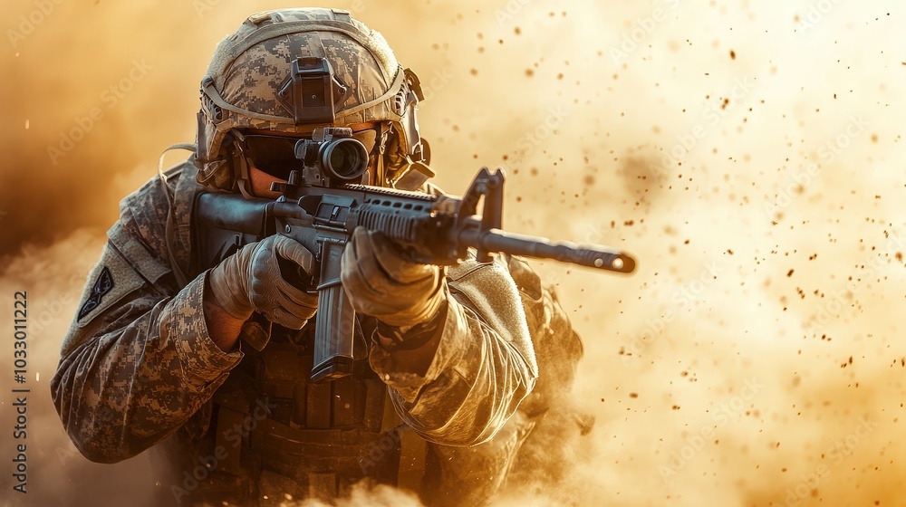 Poster futuristic military army man target in flight - stunning high-resolution studio image with white lig