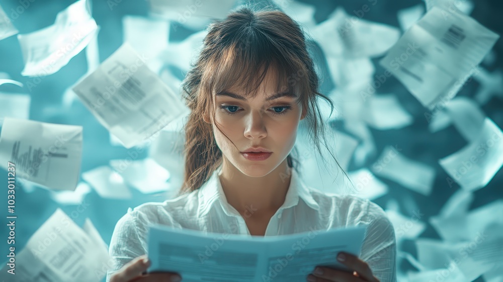 Poster Professional Businesswoman Calculating Invoices in Studio Close-Up with Levitating Target on Color Background - High Resolution Stock Photo