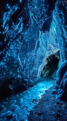 A mesmerizing scene of glowworms illuminating a cave, their light reflecting off the water and creating a starry, magical effect.