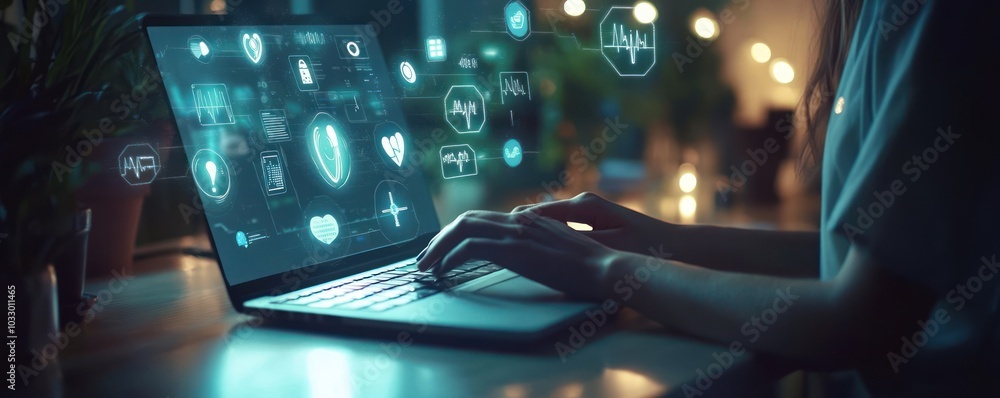 Poster illuminated workspace with futuristic health data interface on laptop screen in night setting