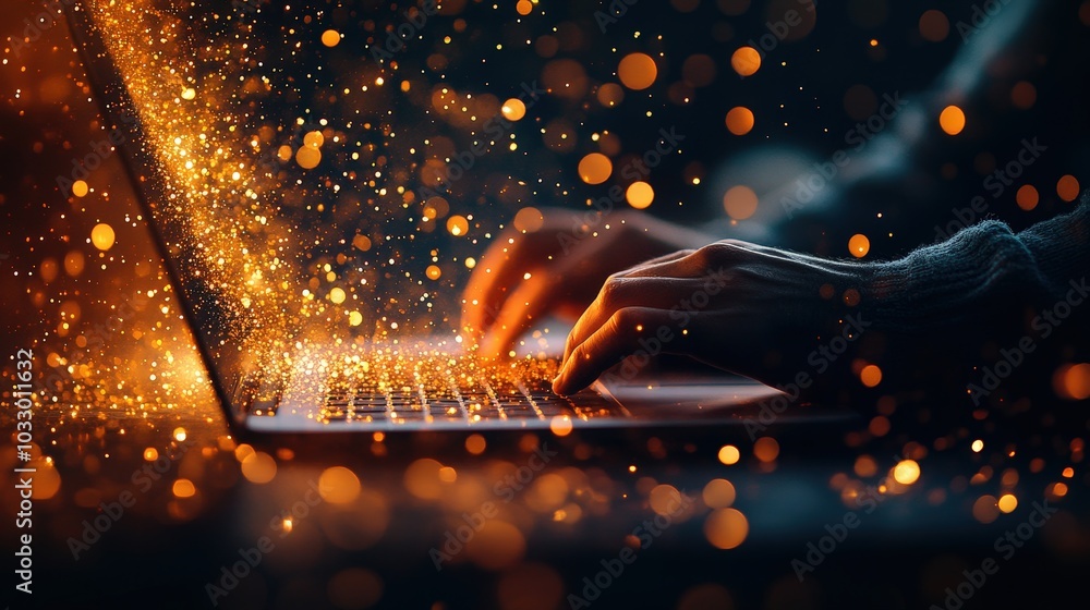 Poster focused businessman in minimal workspace: high-tech laptop use with mesmerizing sparkle details on g