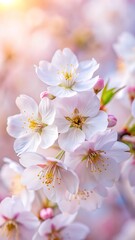 Obraz premium Delicate cherry blossoms, soft pastel background, macro photography, ethereal light, dreamy atmosphere, springtime bloom, gentle bokeh effect, pale pink petals, white flowers, natural beauty, shallow 