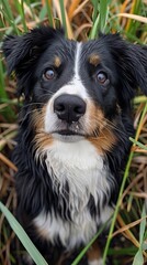 A close-up portrait of a black and tan dog with soulful eyes, standing outside in a natural setting with dried grass.